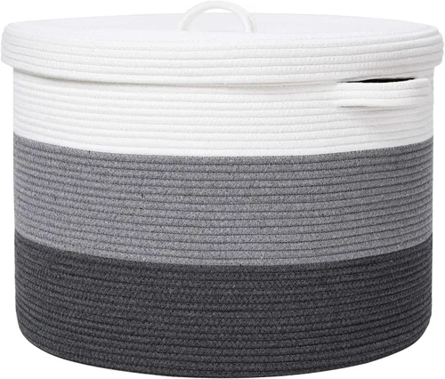 Vista 33 de Cesta de almacenamiento extra grande de 16" x 16" x 18" con tapa, cestas de almacenamiento de cuerda de algodón, canasta de lavandería, contenedor