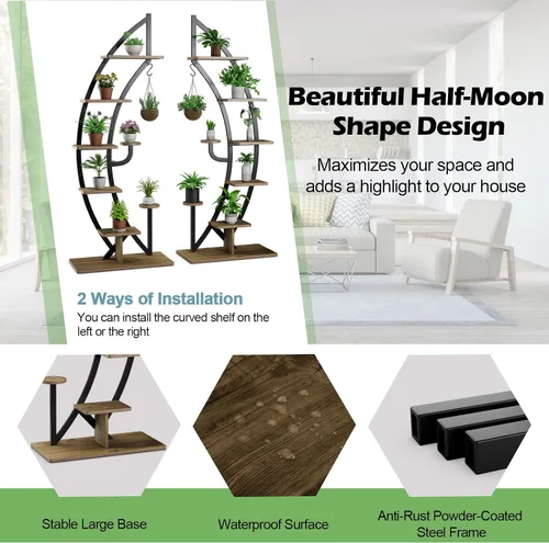 Vista 4 de Giantex Soporte de metal de 6 niveles para plantas de interior, estante de media luna de 61 pulgadas con colgador y dispositivo anticaído, soporte
