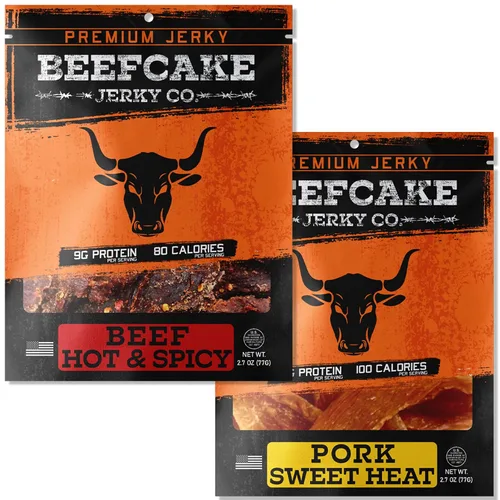 Vista 6 de Beefcake Jerky Ultimate Flavor Sampler (7-Paquete) - Variedad Gourmet de Carne Seca, 9g de Proteína, 80-100 Calorías, 2.7 Oz Cada Una - Snacks