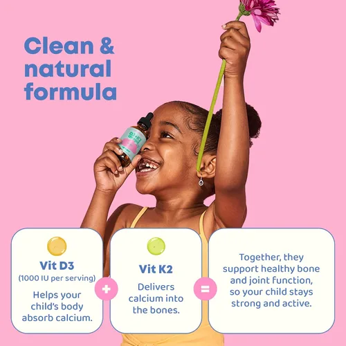 Vista 2 de JoySpring Vitamina D3 Kids Drops con K2 – Suplemento líquido para absorción de calcio y salud articular – 360 porciones (2 fl oz) – Vitamina D