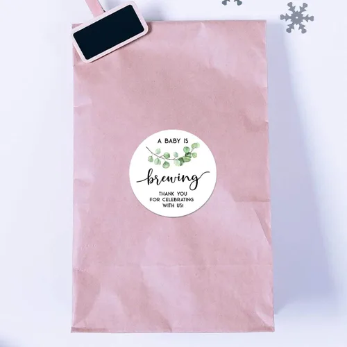 Vista 3 de Greenery - Calcomanías de agradecimiento con texto en inglés "A Baby is Brewing Thank You", paquete de 40