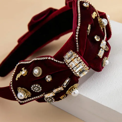 Vista 7 de YARN & INK Cintas para el cabello de mujer con perlas barrocas de terciopelo y lazo de strass, estilo retro vintage hecho a mano, elegante accesorio