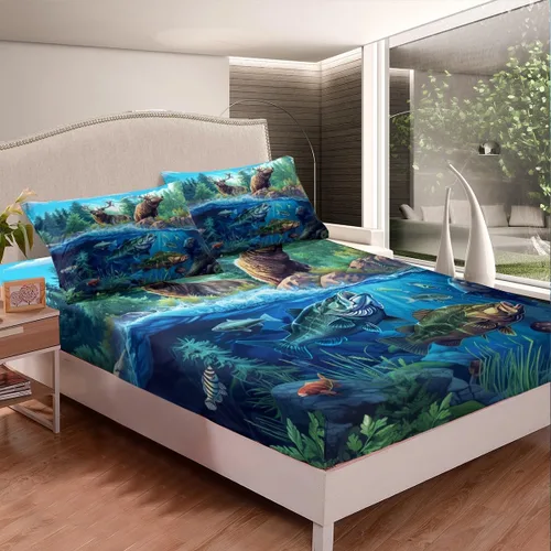 Vista 2 de Juego de sábanas bajeras de alce salvaje, tamaño individual, juego de ropa de cama rústica de pino de pesca con peces de Basa, decoración