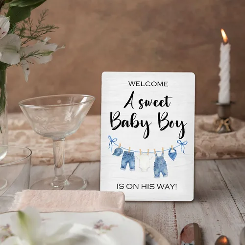 Vista 4 de Letrero azul de bienvenida para baby shower, mesa de ducha de niños y bebés, soporte de madera de 5 x 7 pulgadas, decoración de «A Sweet Baby Boy Is