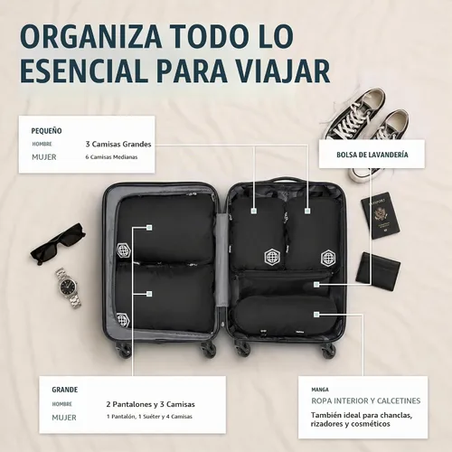 Vista 2 de Juego de cubos de compresión para maletas de transporte, organizador de ropa ligero y duradero, Negro, 6 piezas