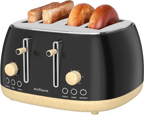 Vista 10 de Tostadora de 4 rebanadas, tostadora retro de acero inoxidable con ranuras extra anchas, funciones de cancelar, bagel y descongelar, panel de control