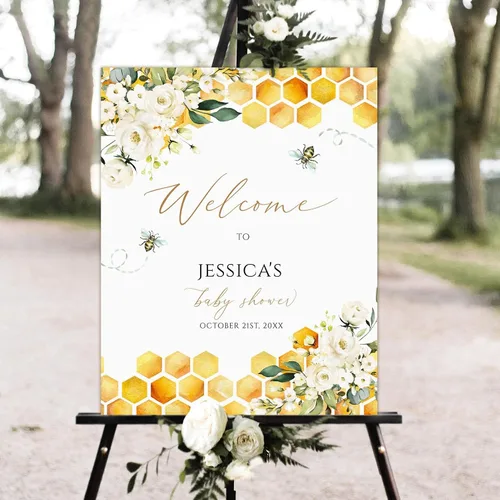 Vista 13 de Cartel de bienvenida personalizado para baby shower, cartel de bienvenida floral de niña, póster de bienvenida de rubor rosa Versión #1