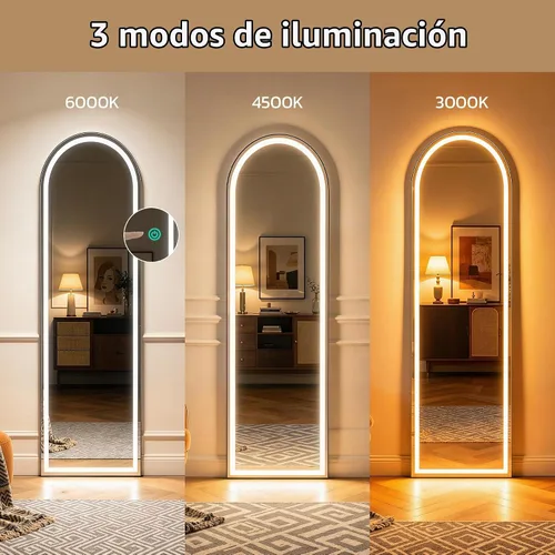 Vista 3 de Espejo arqueado de cuerpo entero con luces LED, espejo de piso LED de 60"x16" con soporte, espejos de piso para el cuerpo con atenuación e