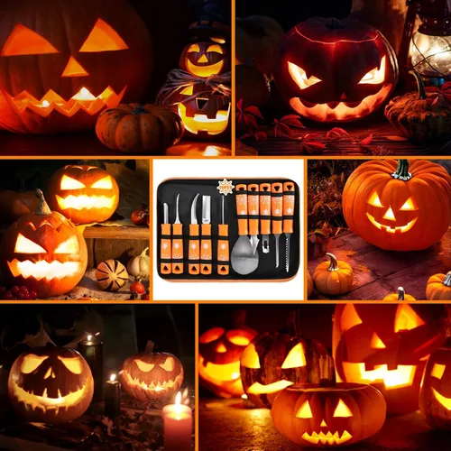 Vista 7 de Kit de tallado de calabaza, herramientas de Halloween, juego profesional de tallado de 10 piezas, acero inoxidable de doble cara, herramienta