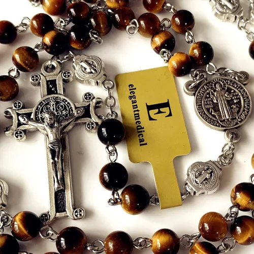 Vista 4 de elegantmedical Catholic Nice Saint St. Benedict Tiger Eye Beads Gift Rosario Collar Cruz Jerusalén, Cobre