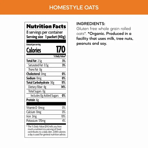 Vista 7 de Nature's Path Organic Homestyle Avena Instantánea, 11.3 oz (Paquete de 6), Sin Gluten, Sin OGM Gluten-Free 0g Added Sugar Oats: 40g whole grains