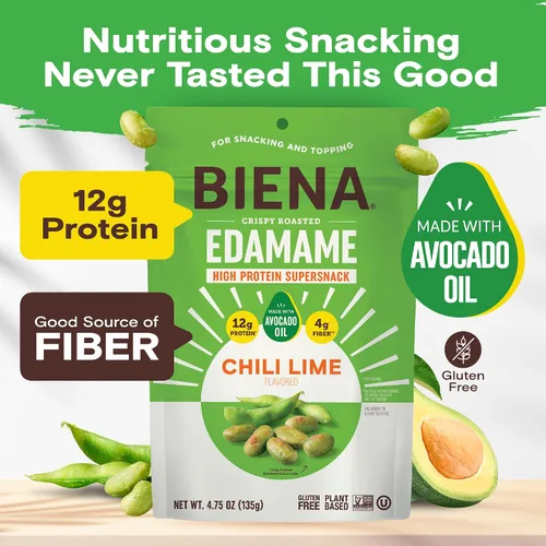 Vista 3 de Biena Frituras Crocantes de Edamame Tostado - Snack Alto en Proteína para Adultos y Niños, 12g-13g de Proteína por Porción - Hecho con Aceite