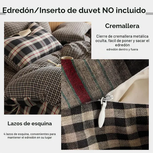 Vista 5 de EAVD Juego de funda de edredón a cuadros de estilo vintage, tamaño individual, suave, 100% muselina de algodón, retro, rojo, verde, negro 01-negro