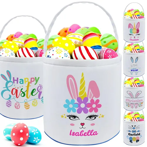 Vista 19 de Cesta de Pascua personalizada con nombre para niñas, niños y niños, cesta de Pascua personalizada bolsas de regalo para caza de huevos de Pascua