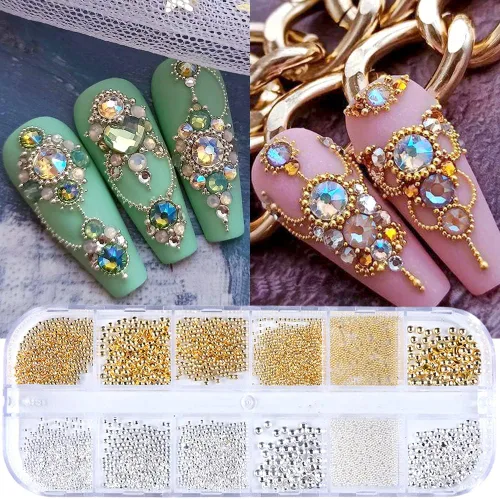 Vista 6 de Fcozpjk 3D Metal Nail Charms Gold Silver Nail Beads Decorations Cuentas