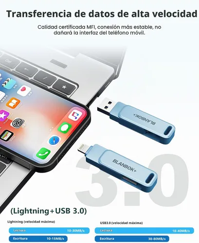 Vista 5 de Unidad flash de 256 GB con certificación MFi para iPhone Photo Stick, memoria USB iPhone para fotos y videos, almacenamiento externo de alta Azul