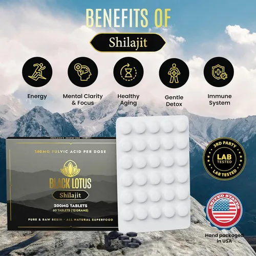 Vista 2 de Black Lotus Shilajit Tabletas de resina, 60 unidades, 200 mg cada uno, 100% Shilajit natural puro para hombres y mujeres con aminoácidos, 140 mg