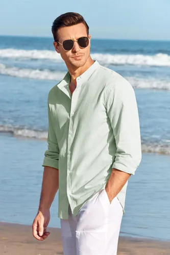 Vista 5 de Makkrom Camisa de lino para hombre, con botones, manga larga, algodón, cuello de banda de playa, camisas casuales de verano