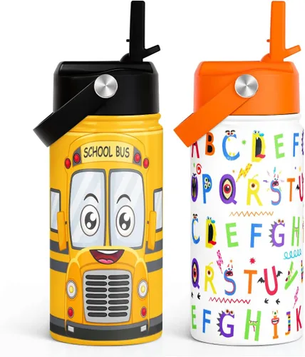 Vista 35 de SANDJEST Botella de agua para niños con tapa con pajilla, botellas de agua de acero inoxidable con aislamiento del alfabeto de 12 onzas para niños