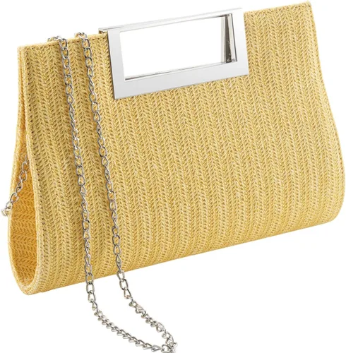 Vista 10 de WALLYN'S Bolso de mano para mujer, piel sintética, paja, fiesta de noche, agarre de metal, con correa de cadena para el hombro