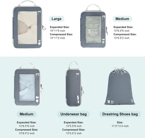 Vista 8 de ECOHUB Juego de 5 cubos de compresión para maletas, bolsas organizadoras, juego de artículos esenciales de viaje con bolsas de zapatos para viajes