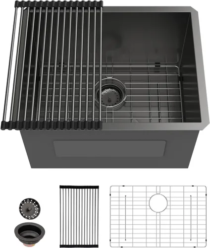 Vista 27 de Sarlai Gold Fregadero de Cocina Empotrado - Fregadero de Cocina de 28 Pulgadas Empotrado de Acero Inoxidable Dorado Tazón Individual de 28" x 19