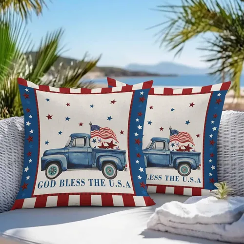Vista 5 de Juego de 2 fundas de almohada para exteriores del Día de la Independencia, diseño de camión azul granja, bandera estadounidense, estrella