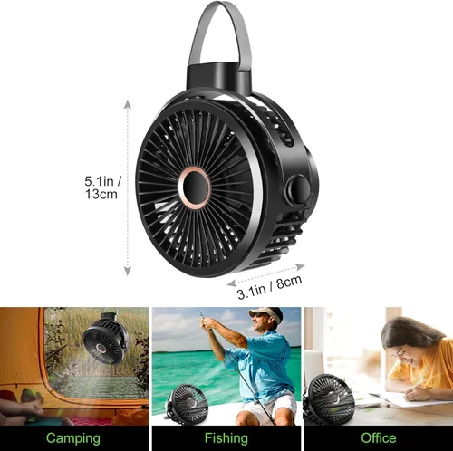 Vista 6 de Odoland Paquete de 2 ventiladores recargables de 10000 mAh con gancho para colgar, ventilador portátil a batería, flujo de aire fuerte y silencioso