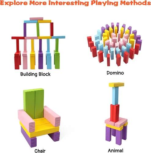 Vista 13 de Gentle Monster Juegos de mesa apilables coloridos de madera, bloques de construcción para niños y niñas, 54 bloques de equilibrio de madera, juguete