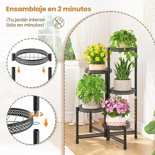 Vista 5 de LASZOLA Soporte alto plegable para plantas de 5 niveles para interiores y exteriores, para macetas grandes, estante ajustable de metal resistente