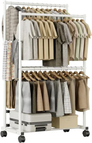 Vista 10 de Perchero de ropa de 36.2 x 21.3 x 72 pulgadas, 4 barras de doble barra de metal con ruedas para colgar ropa, perchero portátil con ruedas