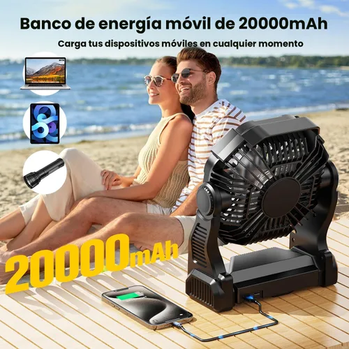 Vista 6 de Ventilador Solar de 20000mAh con Farol LED, Panel Solar Recargable de 10W, Ventilador de Camping Alimentado por Batería para Exteriores, de 9