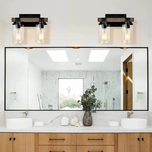 Vista 7 de Lámpara de Baño Estilo Granja de Madera Negra, Iluminación de Tocador de 2 Luces, Aplique de Pared de Madera, Accesorio de Pared Industrial Rústico