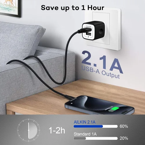 Vista 6 de Cargador de pared USB, bloque de carga, AILKIN 2.1A Multiport Fast Charge Power Brick Cube para iPad, iPhone, Samsung Galaxy, Google Pixel
