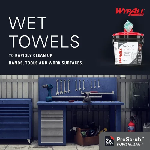 Vista 8 de WypAll PowerClean ProScrub Toallas Húmedas de Trabajo Pesado (91371), Limpieza de Doble Acción, Toallitas Grandes de 9.5" x 12" Pulgadas, Cubo