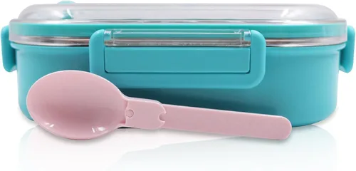 Vista 4 de Finex Caja Bento reutilizable azul de acero inoxidable con 2 compartimentos para alimentos con tapa transparente y cuchara - Princesa