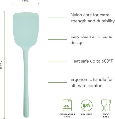 Vista 5 de Tovolo Espátula de silicona para cocinar espuma de mar verde aguamarina, núcleo flexible, no tóxica, segura para alimentos, espátula de silicona sin