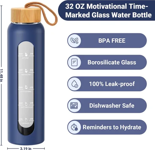 Vista 3 de Sursip Botella de agua de vidrio de 32 onzas, marcador de tiempo con funda y tapa de silicona Botella motivacional de 1 litro sin BPA, a prueba