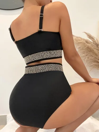 Vista 2 de MakeMeChic Traje de baño de 2 piezas para mujer con ribete de diamantes de imitación push up de cintura alta