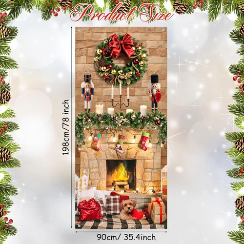 Vista 2 de Buryeah Decoración de puerta de Navidad, cubierta de puerta de chimenea de Navidad, pancarta de cascanueces de Navidad, telón de fondo, soporte