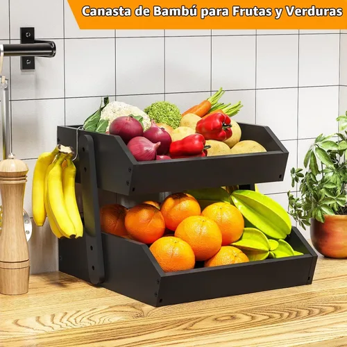 Vista 5 de Gmtsl Cesta de frutas de bambú para cocina, frutero de 2 niveles para encimera de cocina, soporte grande para frutas con 2 ganchos para plátanos