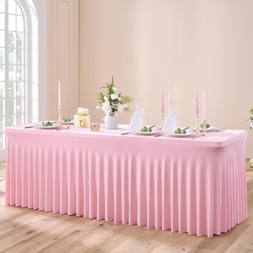 Vista 15 de Paquete de 3 Manteles de Spandex Azul Bebé para Mesas Rectangulares de 6 Pies, Falda de Mesa Azul Elástica Ajustada de 6 Pies para Fiestas de Boda