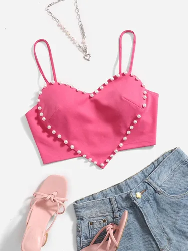 Vista 5 de WDIRARA Camisola sexy sin mangas con dobladillo asimétrico y perlas para mujer