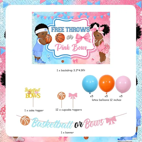 Vista 6 de Decoraciones de baloncesto o moños para revelación de género – telón de fondo de mantas gratis o lazos rosados, pancarta, decoración de pastel