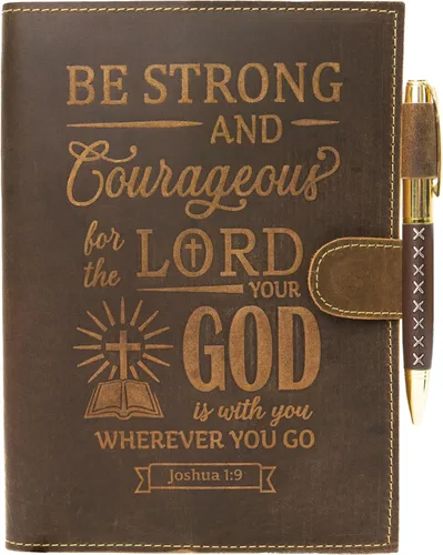 Vista 4 de Sovereign-Gear Diario religioso de cuero recargable, cuaderno de escritura A5 hecho a mano con bolígrafo, diario Joshua 1:9 "Be Strong & Courageous
