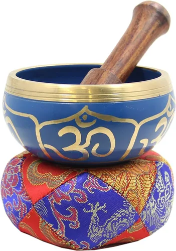Vista 9 de DharmaObjects - cuenco para cantar el Om de la paz, para meditación relajante de yoga. Juego de almohadilla de seda, juego de martillo de Negro