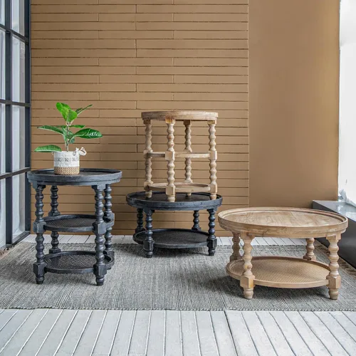 Vista 4 de 3-Tier Round Side Table Small End Tables Nightstand Wood & Rattan Brown 23.5 Brown