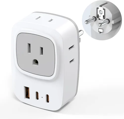 Vista 9 de Paquete de 2 adaptadores de enchufe de viaje europeos, adaptador de corriente 7 en 1 Brasil, 4 salidas de CA con 3 puertos de carga USB, adaptador