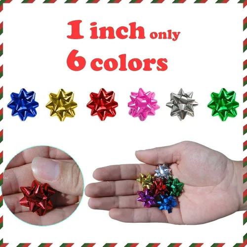 Vista 4 de 150 mini lazos de regalo de 1 pulgada, lazo pequeño de estrella de 1 pulgada, autoadhesivo pequeño metálico para envolver regalos, caja de regalo