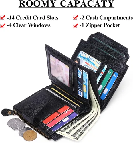 Vista 2 de FALAN MULE - Cartera de cuero auténtico para mujer, pequeña, plegable y compacta, con bloqueo de interferencia de radiofrecuencia (RFID)